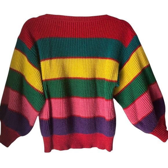 Vtg 80s Rainbow Stripe Chunky Knit Sweater Sz M Boat Neck Exclusive Imports Rare - Picture 1 of 12
